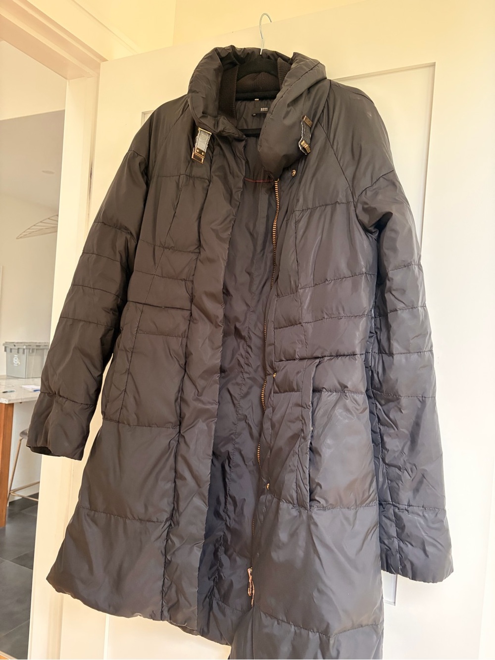 BOSS Hugo Boss Women’s Black Real Down Long Puffer Coat Gold Hardware